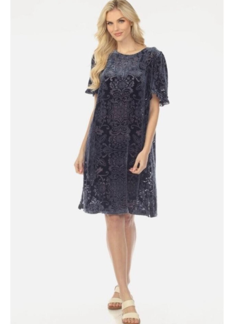 JOHNNY WAS Jade Sz M Medium Odella Alixa Mini Dress Navy Blue Velvet Burnout NWT